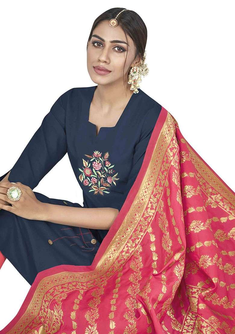 Navy Blue Embroidered Poly Blend Kurta Set - Indya