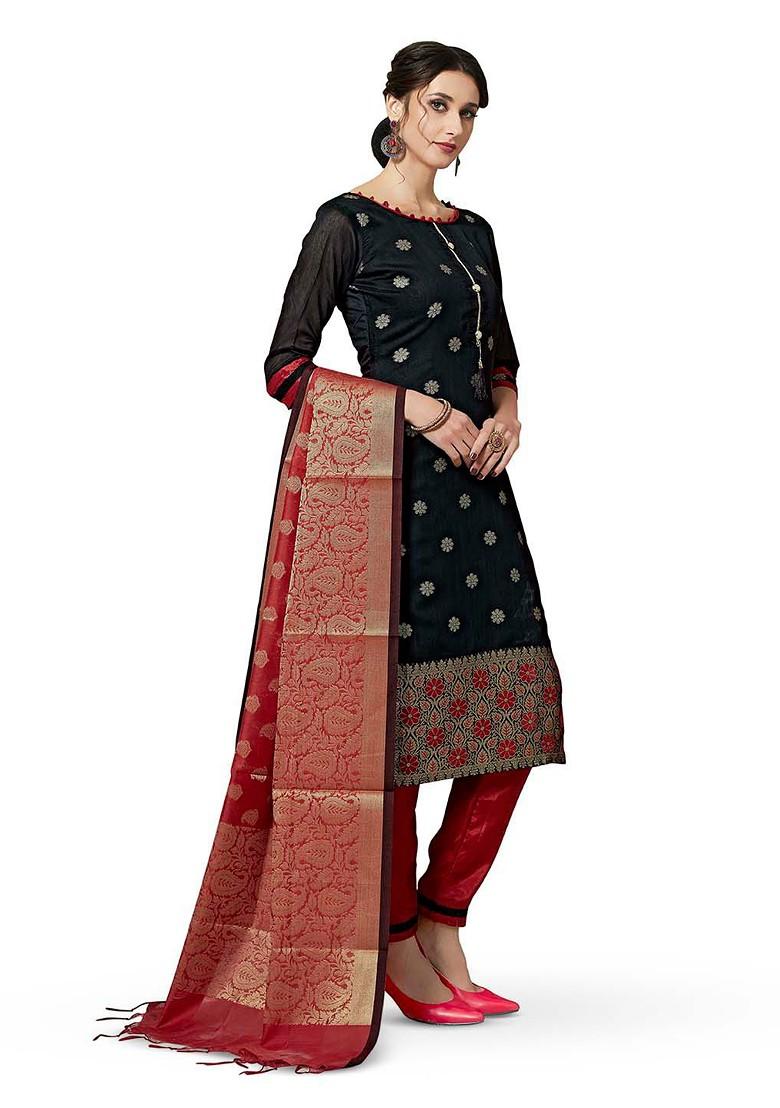 Black Woven Banarasi Silk Kurta Set - Indya
