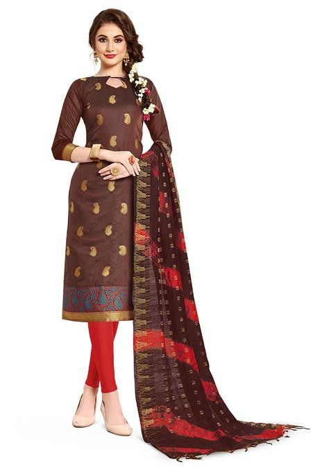 Brown Jacquard Blended Straight Kurta Set