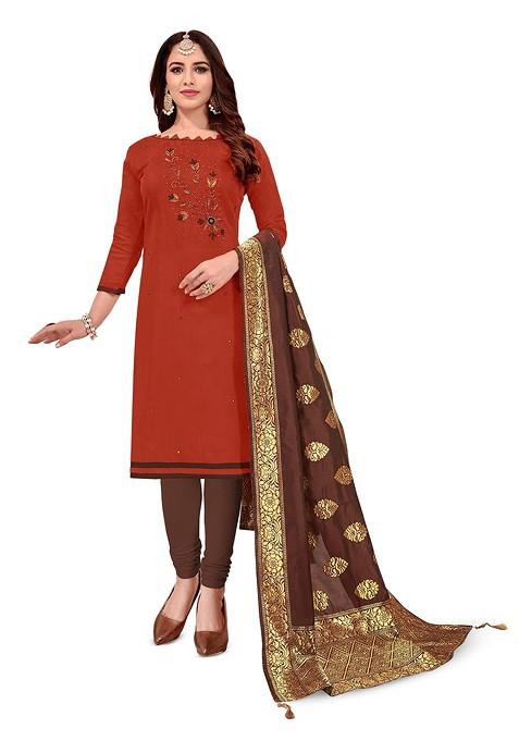 Maroon Embroidered Cotton Straight Kurta Set