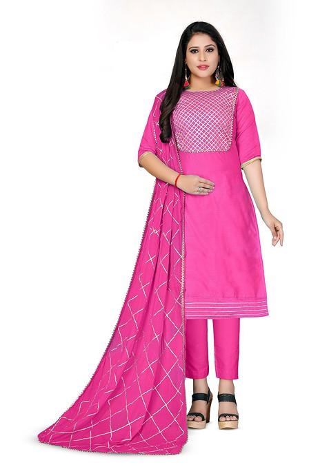 Pink Embroidered Cotton Straight Kurta Set