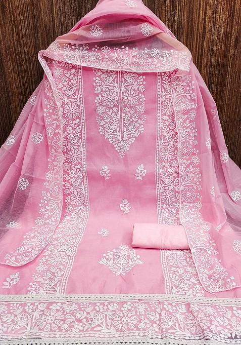 Pink Embroidered Poly Blend Kurta Set