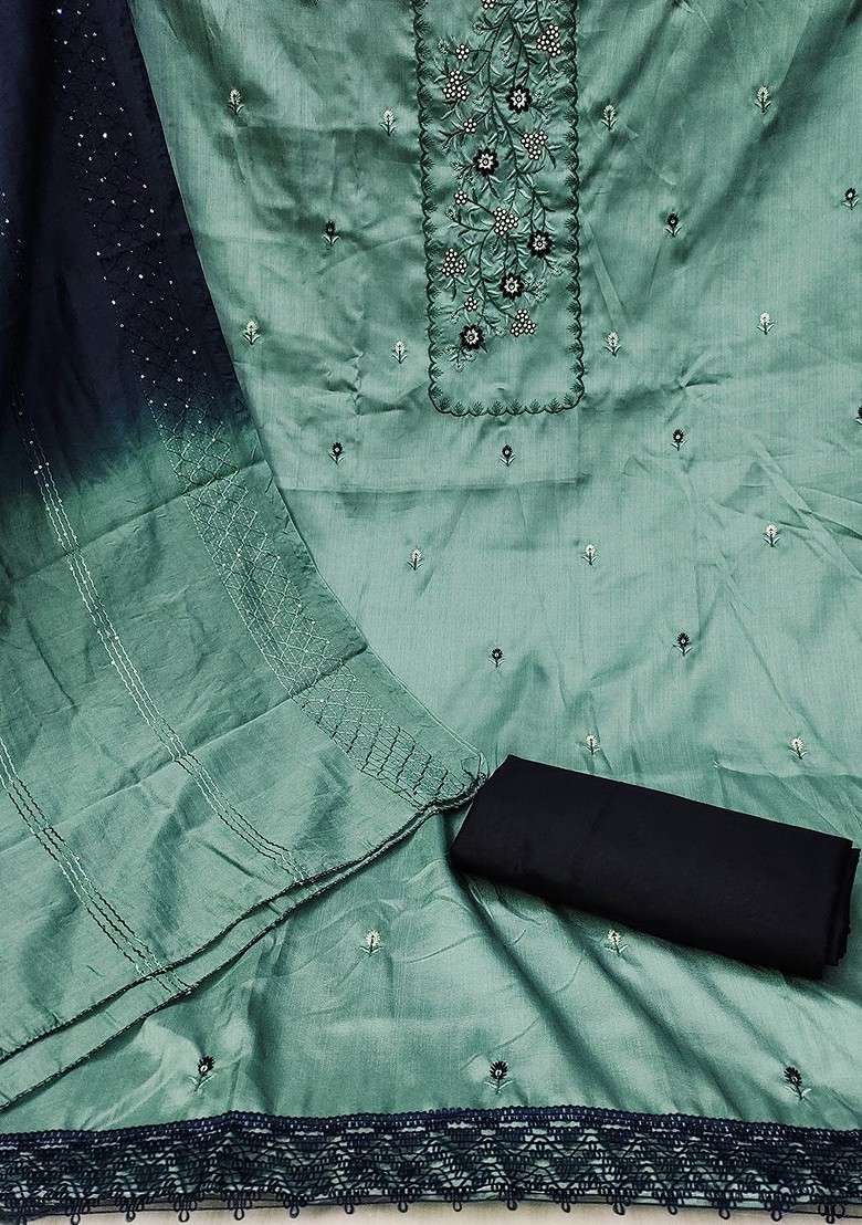 Sea Green Embroidered Poly Straight Kurta Set - Indya
