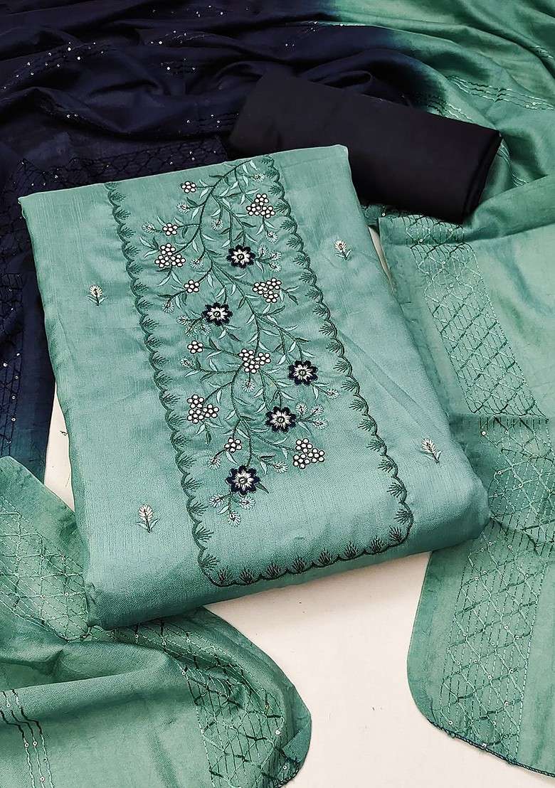 Sea Green Embroidered Poly Straight Kurta Set - Indya