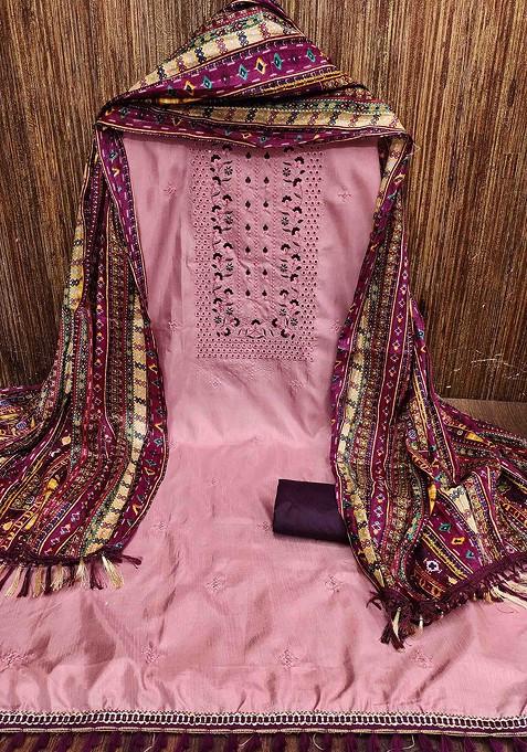 Pink Embroidered Poly Blend Kurta Set