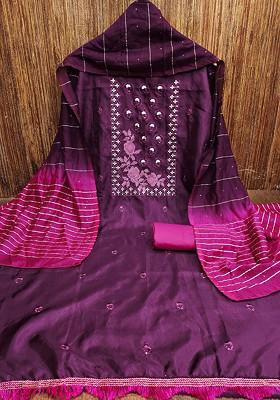 Purple Embroidered Poly Blend Kurta Set