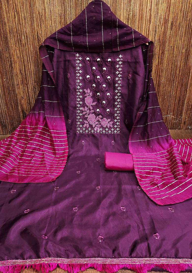Purple Embroidered Blended Straight Kurta Set - Indya