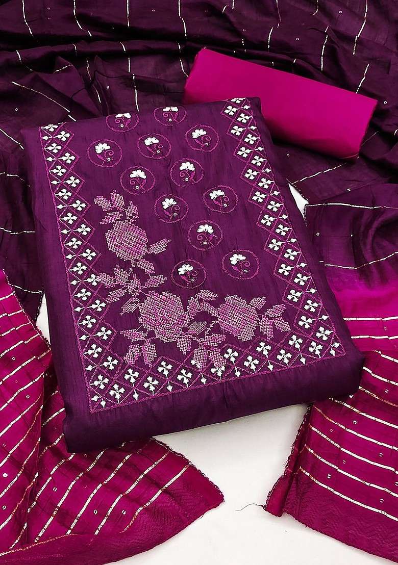 Purple Embroidered Blended Straight Kurta Set - Indya