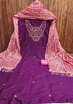 Purple Embroidered Poly Blend Kurta Set