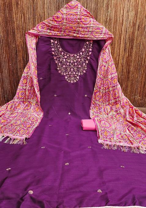 Purple Embroidered Poly Blend Kurta Set
