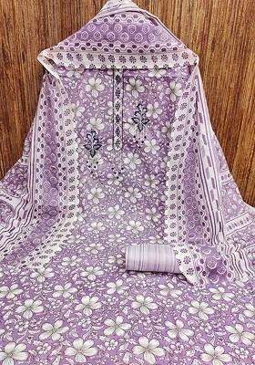 Purple Floral Print Poly Blend Kurta Set