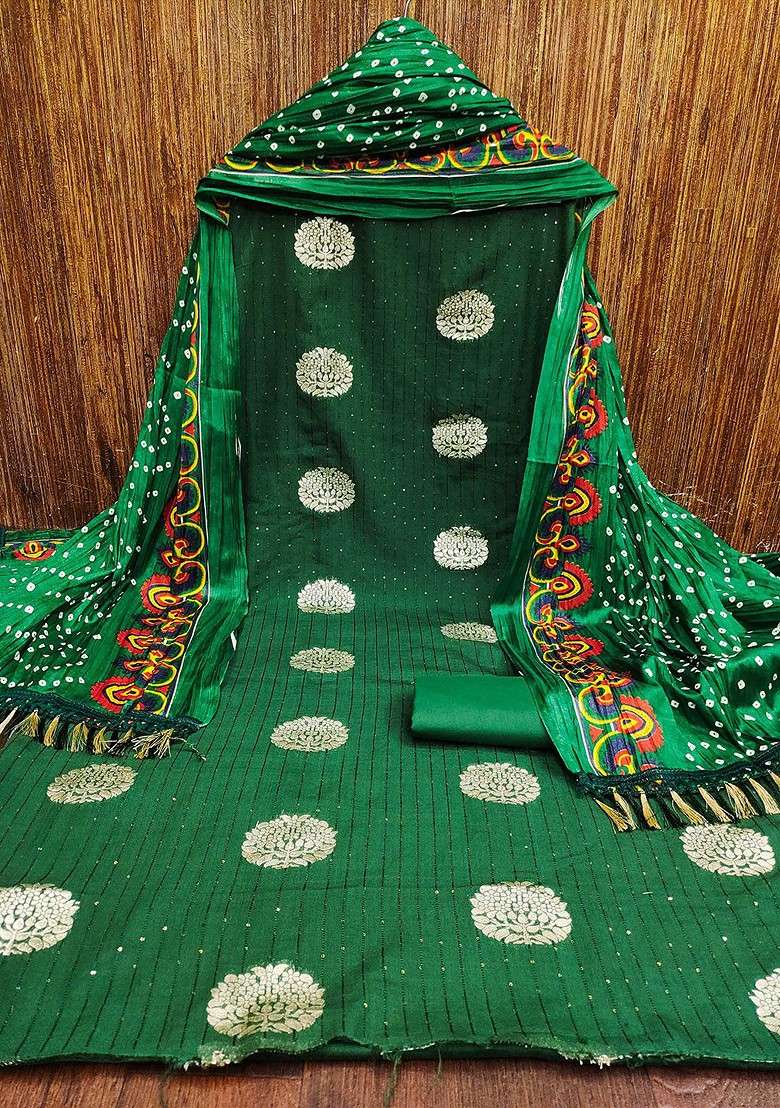 Green Bandhani Blended Punjabi Suit - Indya