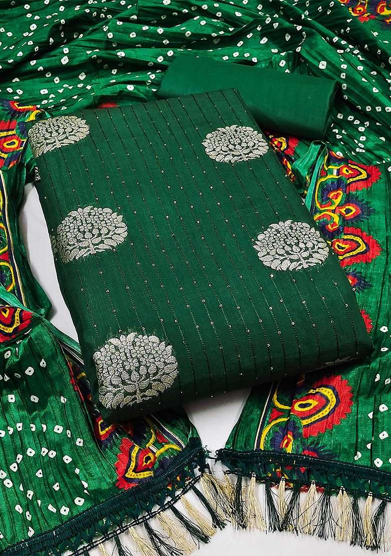Green Bandhani Blended Punjabi Suit - Indya