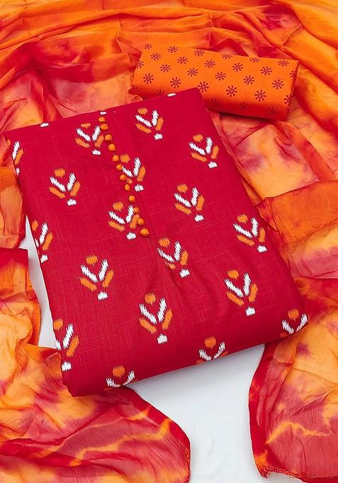 Red Embroidered Blended Straight Kurta Set