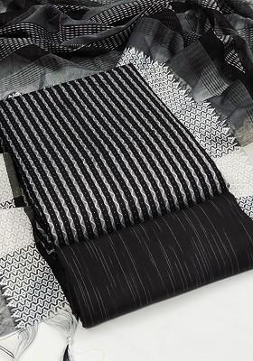Black Striped Print Poly Blend Kurta Set