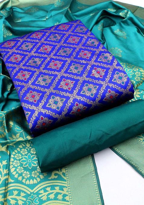 Blue Jacquard Jacquard Straight Kurta Set