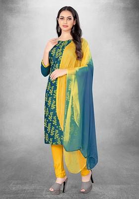 Blue Floral Print Poly Blend Kurta Set