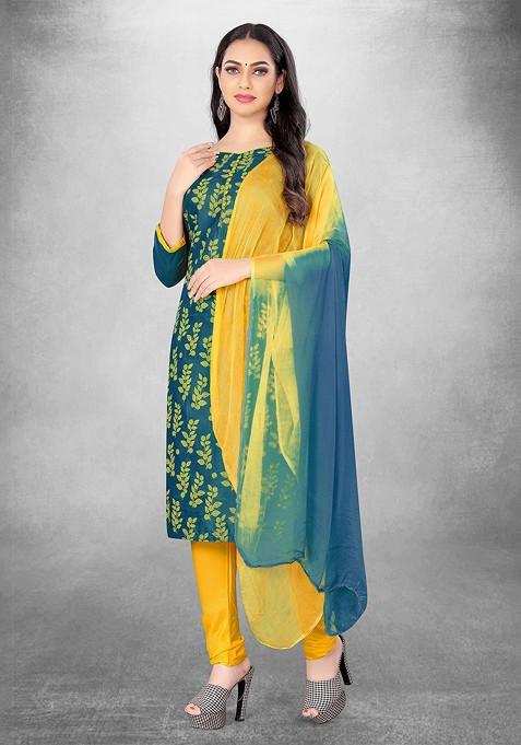Blue Floral Print Poly Straight Kurta Set