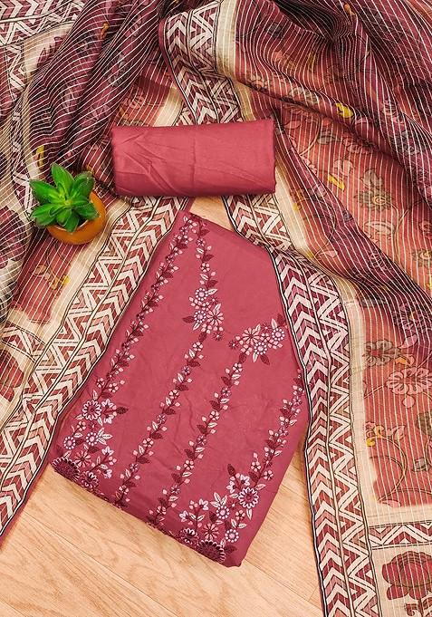 Rust Embroidered Blended Straight Kurta Set