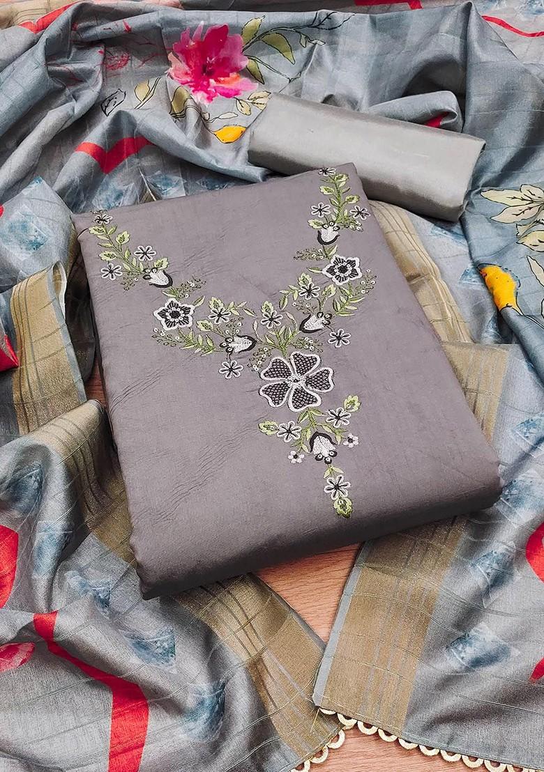 Grey Embellished Poly Blend Kurta Set - Indya