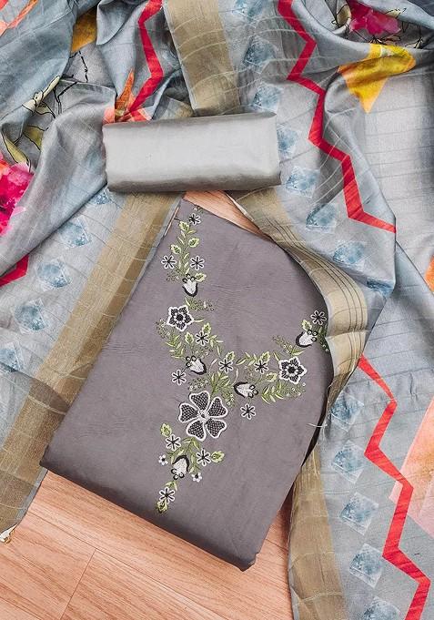 Grey Embroidered Blended Straight Kurta Set
