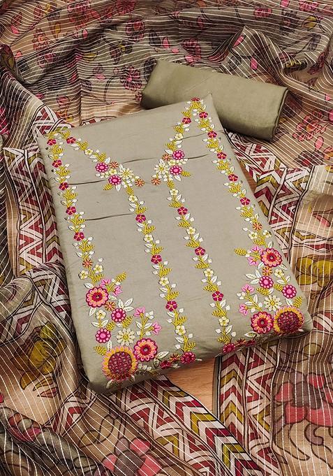 Grey Embellished Poly Blend Kurta Set