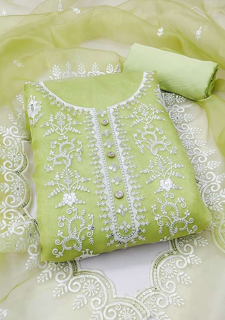 Lime Green Chikankari Organza Straight Kurta Set - Indya