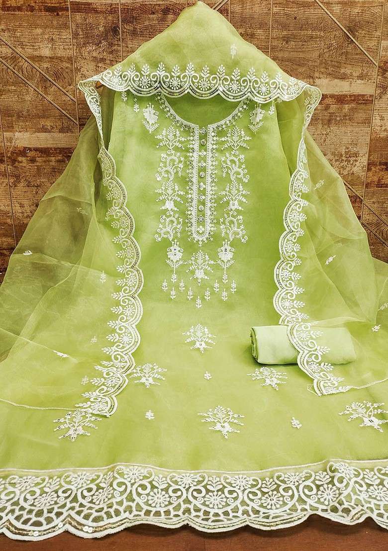 Lime Green Chikankari Organza Straight Kurta Set - Indya