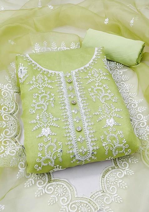 Lime Green Chikankari Organza Straight Kurta Set