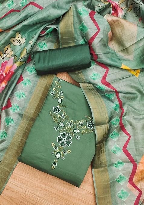 Green Embroidered Blended Straight Kurta Set