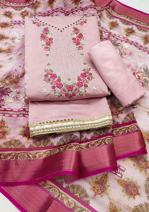 Pink Embroidered Poly Blend Kurta Set