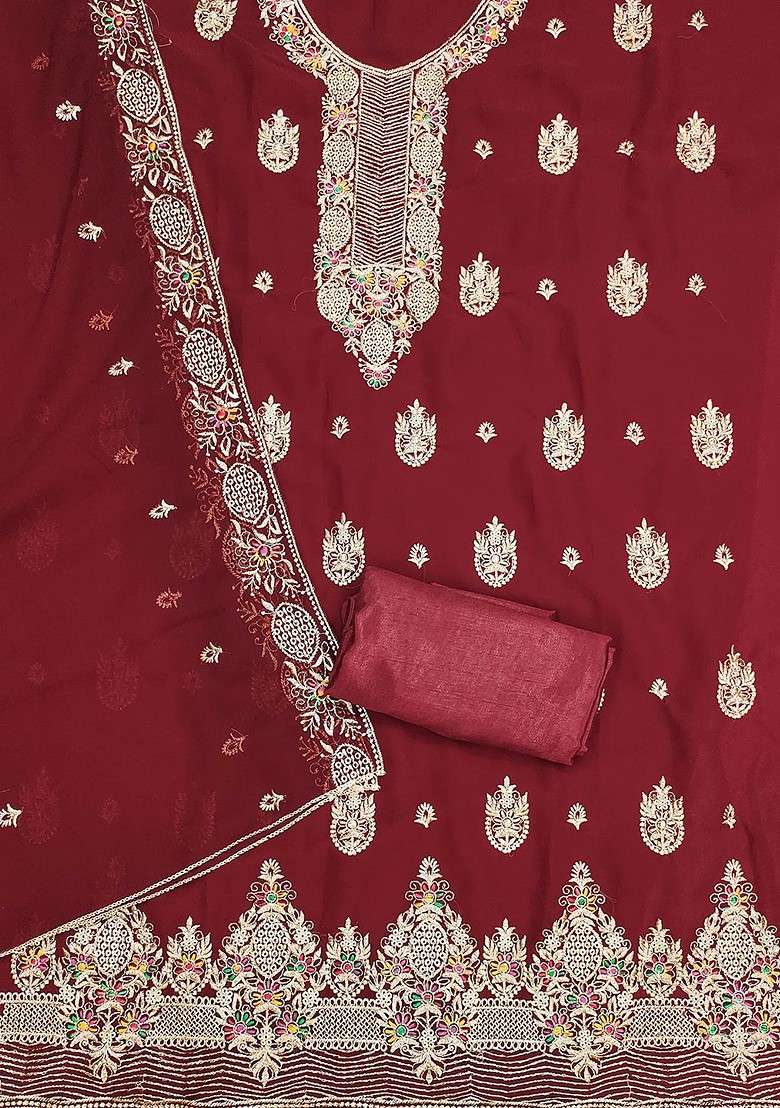 Maroon Embroidered Blended Straight Kurta Set - Indya