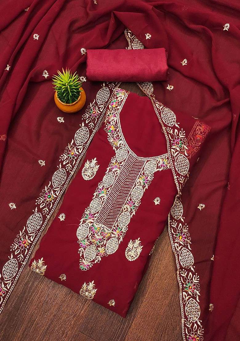 Maroon Embroidered Blended Straight Kurta Set - Indya