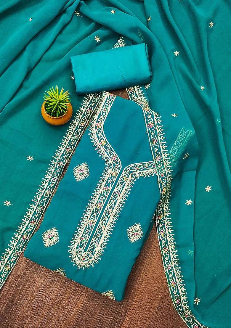 Turquoise Blue Embroidered Poly Straight Kurta Set - Indya