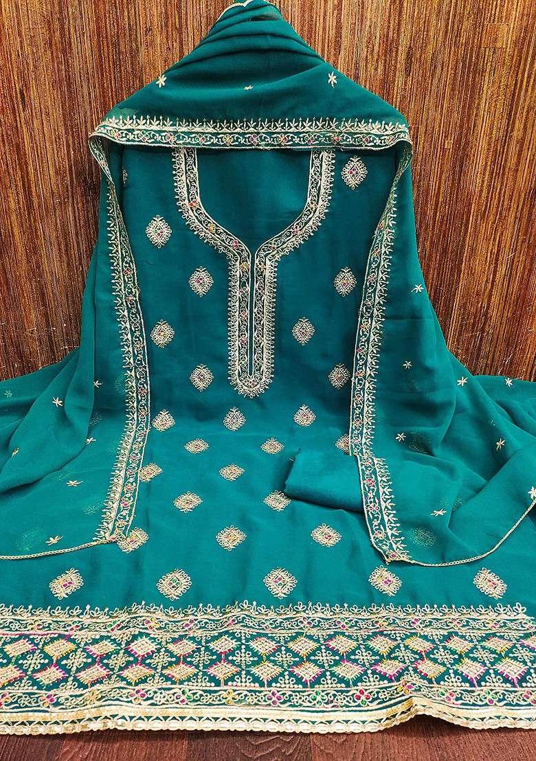 Turquoise Blue Embroidered Poly Straight Kurta Set - Indya