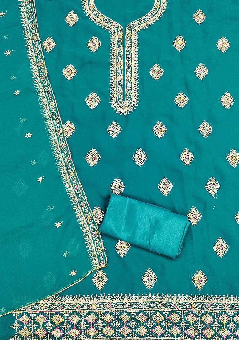 Turquoise Blue Embroidered Poly Straight Kurta Set - Indya