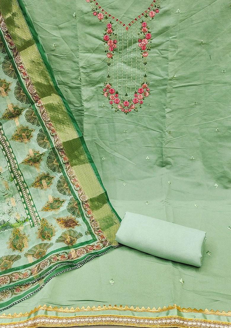 Green Embroidered Silk Kurta Set - Indya