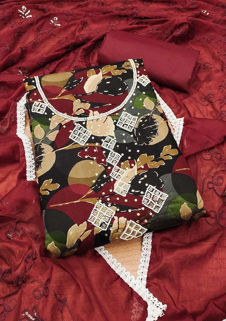Maroon Embellished Poly Blend Kurta Set - Indya
