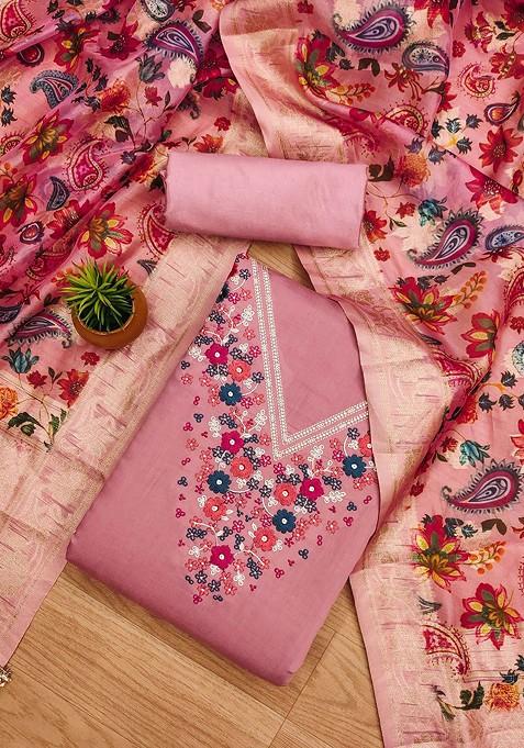 Purple Embroidered Blended Straight Kurta Set