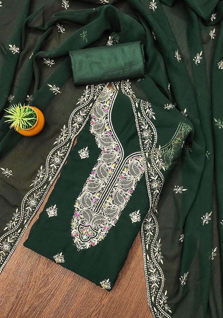 Green Embroidered Georgette Straight Kurta Set - Indya