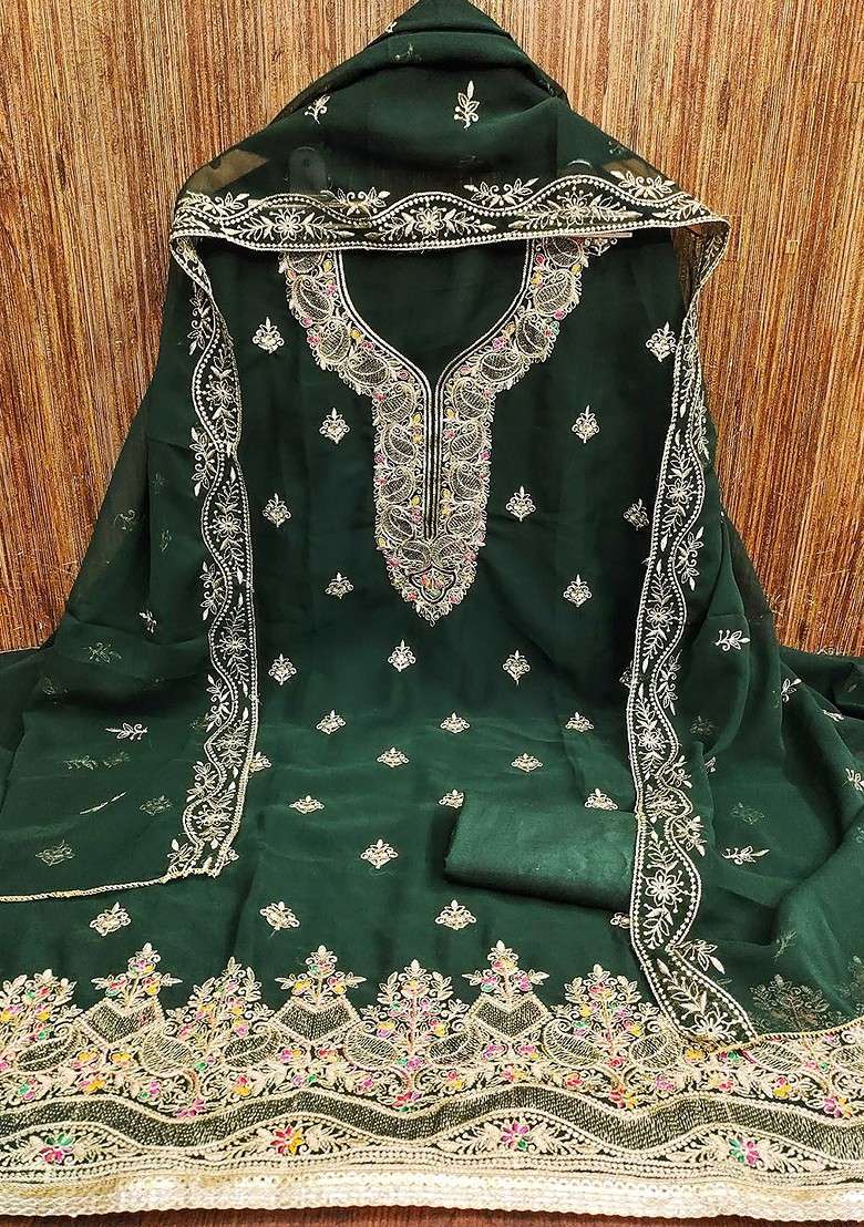 Green Embroidered Georgette Straight Kurta Set - Indya