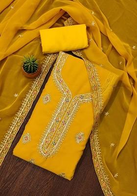 Yellow Embroidered Poly Blend Kurta Set