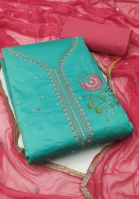 Turquoise Blue Embellished Poly Blend Kurta Set