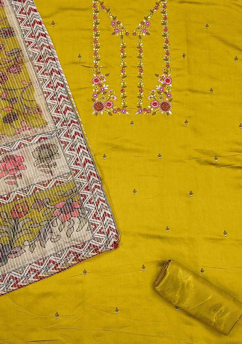 Lime Green Embroidered Poly Straight Kurta Set - Indya