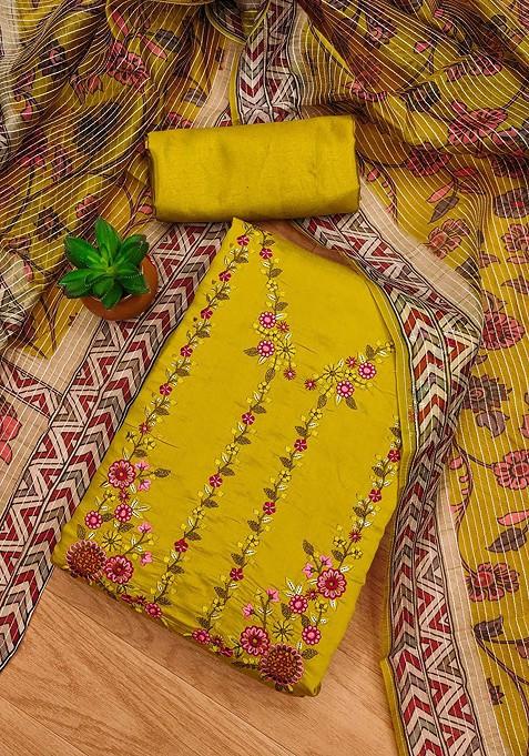 Lime Green Embroidered Poly Straight Kurta Set