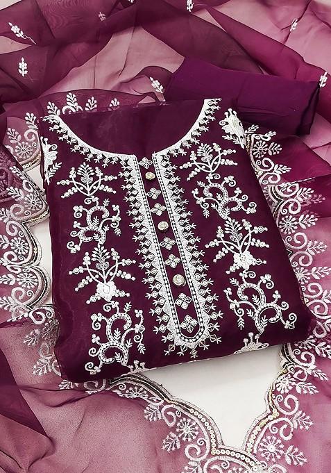 Purple Embroidered Organza Kurta Set