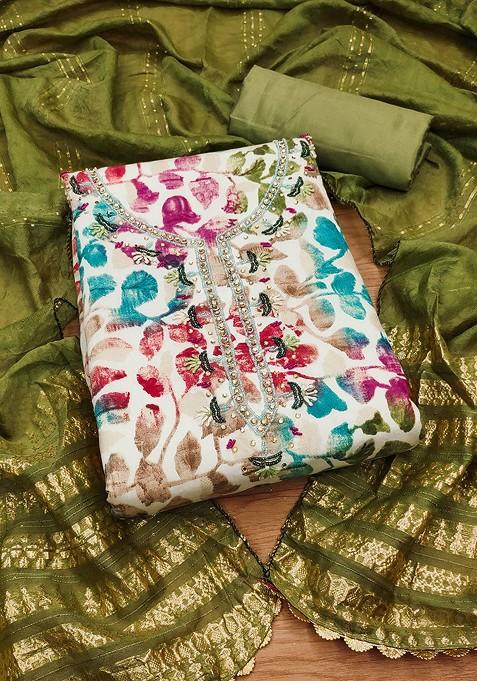 White Floral Print Blended Straight Kurta Set