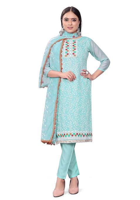Blue Embroidered Poly Blend Kurta Set