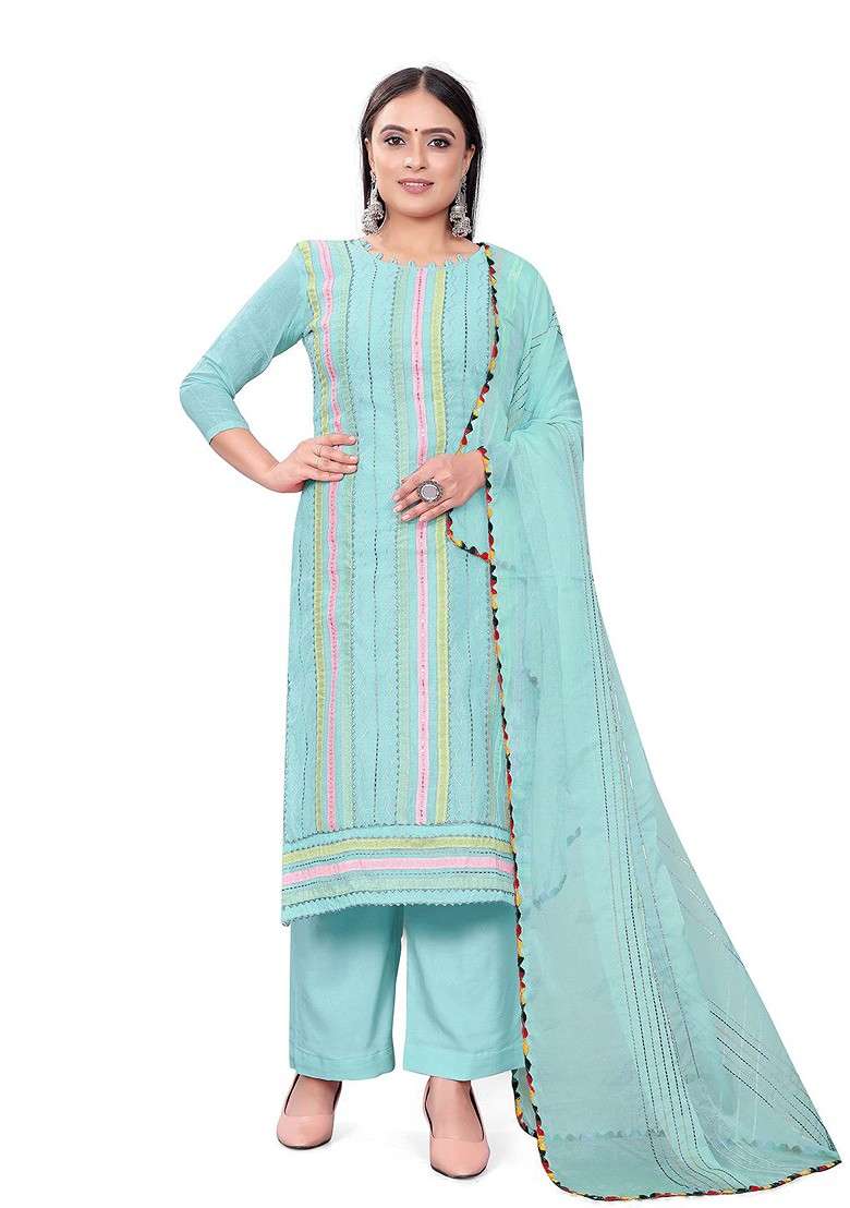Sea Green Striped Poly Straight Kurta Set - Indya