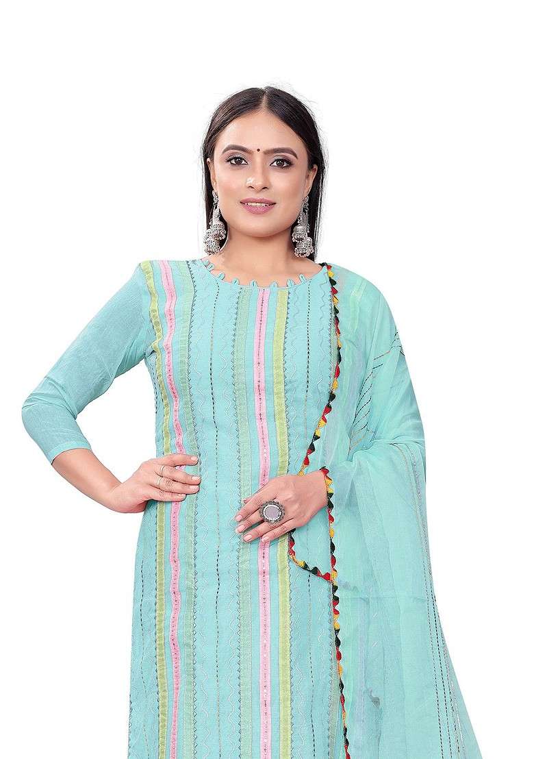 Sea Green Striped Poly Straight Kurta Set - Indya